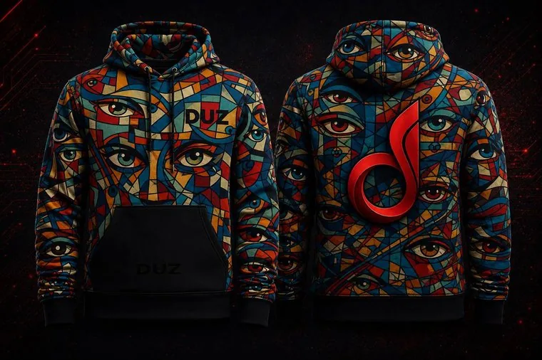 Observer Hoodie close crop showing heavyweight fleece body, Observer eye graphic and black utility detailing